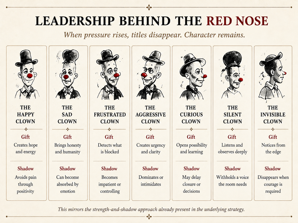 The seven clown archetypes: Happy, Sad, Frustrated, Aggressive, Curious, Silent and Invisible, each with their gift and shadow.
